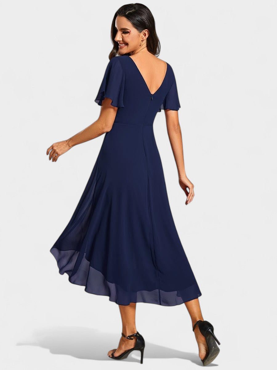 V-Neck High-Low Chiffon Midi Dress
