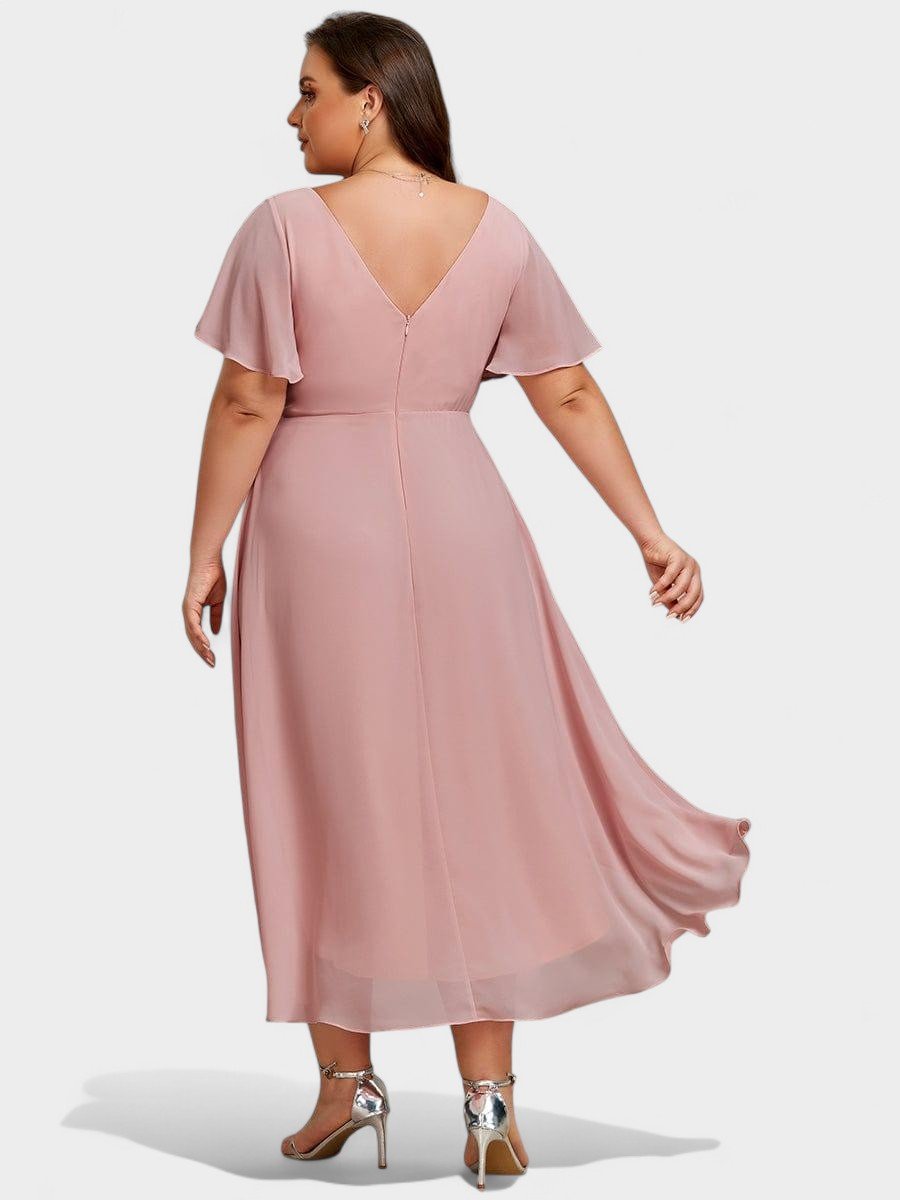 V-Neck High-Low Chiffon Midi Dress