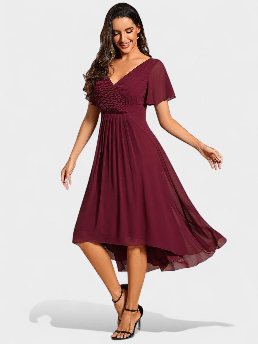 V-Neck High-Low Chiffon Midi Dress
