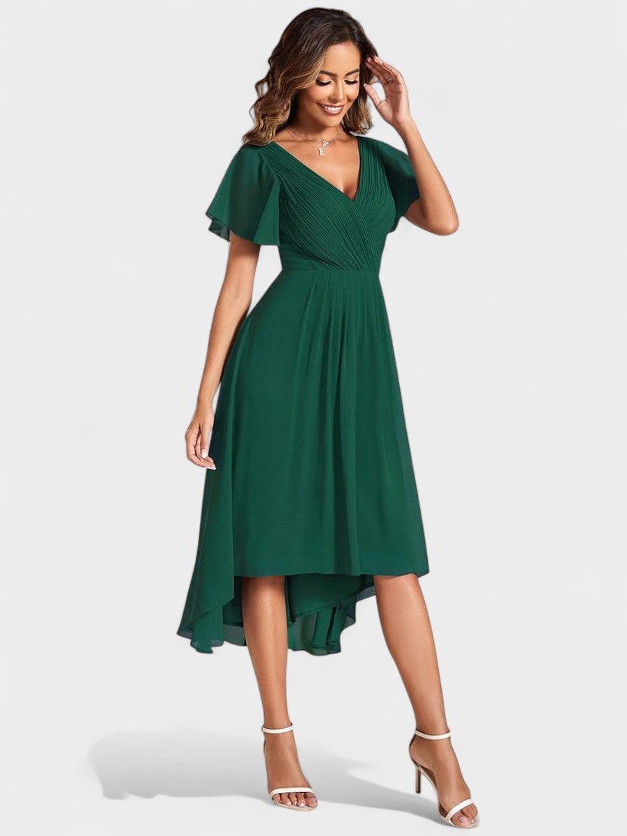 V-Neck High-Low Chiffon Midi Dress
