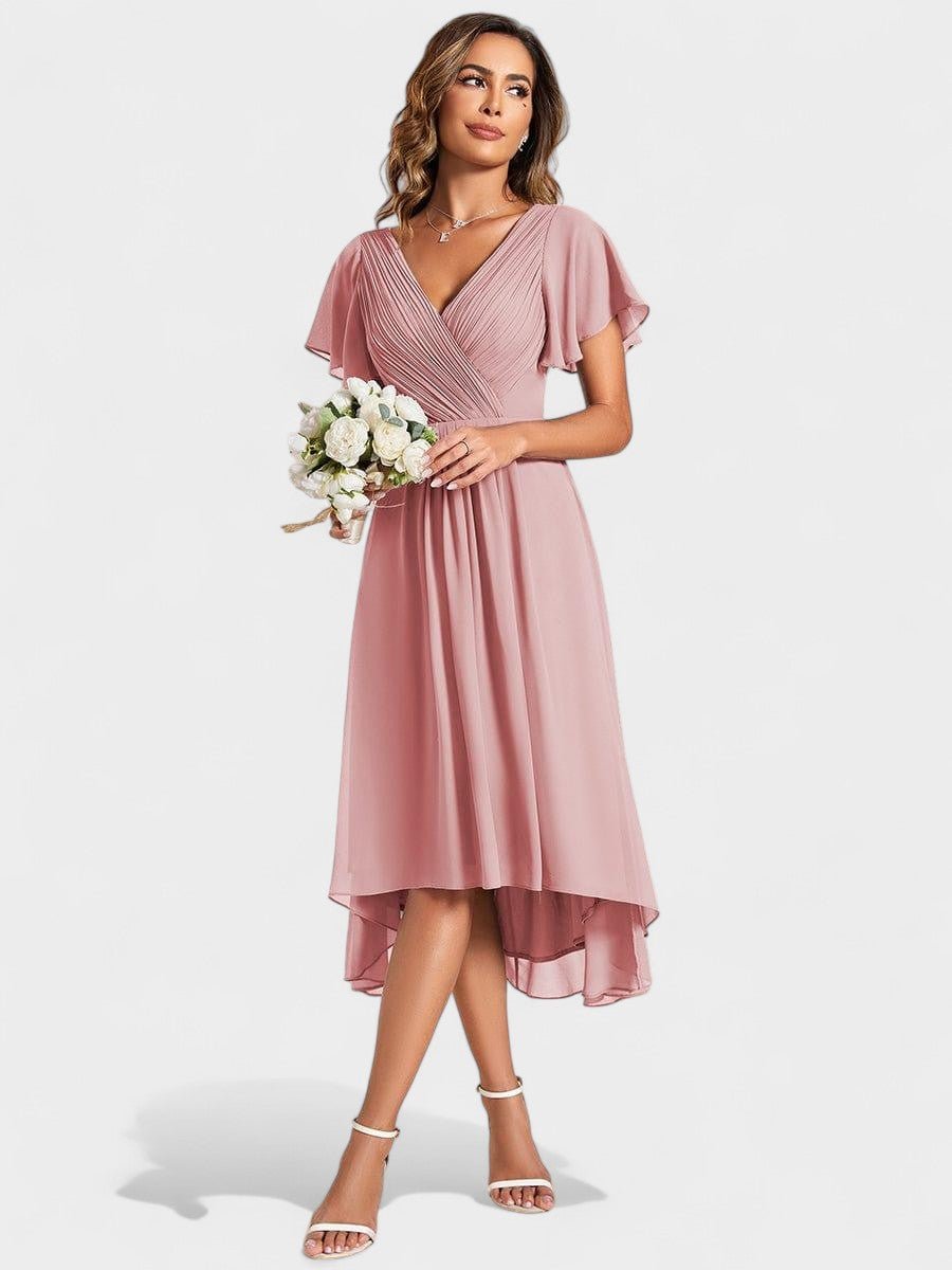 V-Neck High-Low Chiffon Midi Dress
