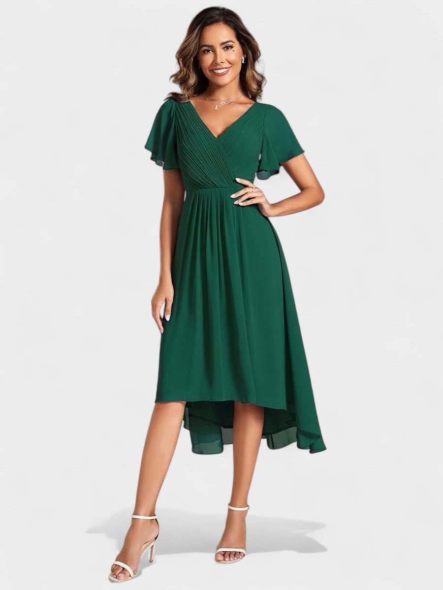 V-Neck High-Low Chiffon Midi Dress