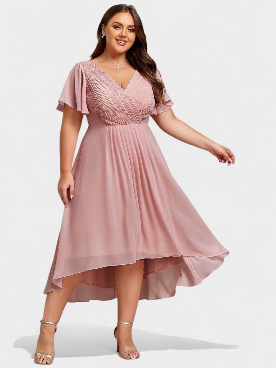 V-Neck High-Low Chiffon Midi Dress