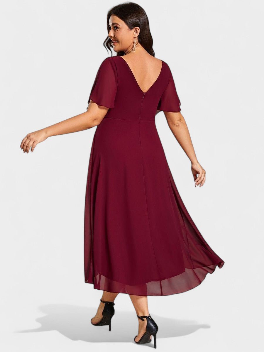 V-Neck High-Low Chiffon Midi Dress