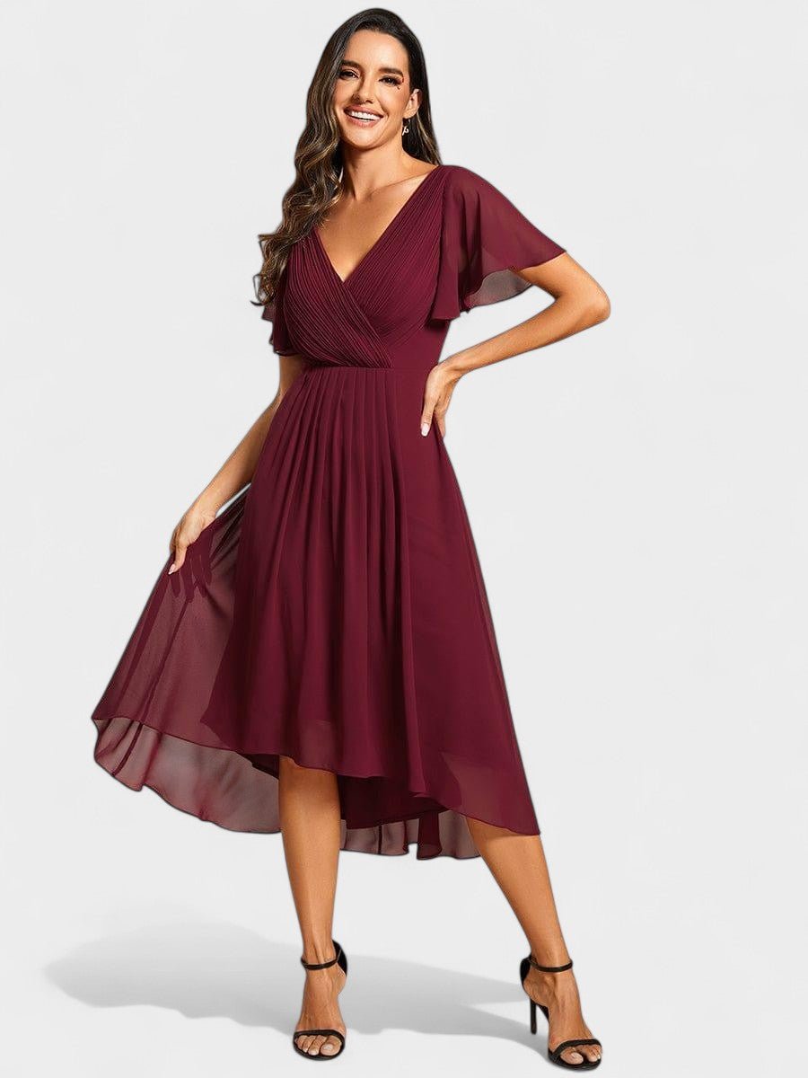 V-Neck High-Low Chiffon Midi Dress