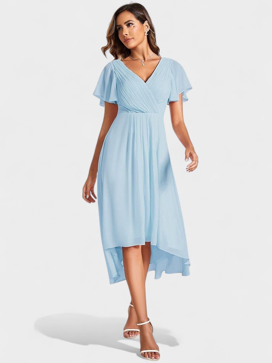 V-Neck High-Low Chiffon Midi Dress