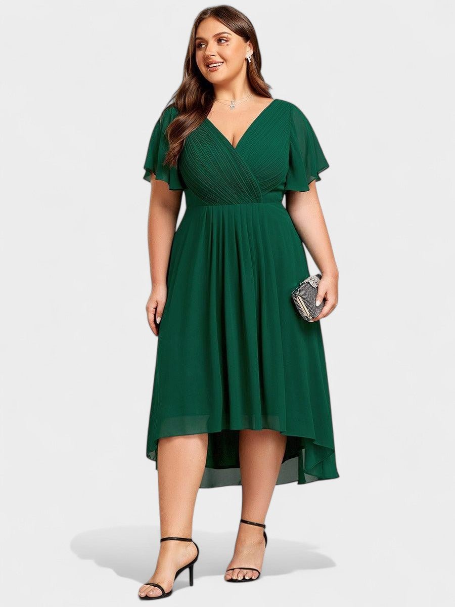 V-Neck High-Low Chiffon Midi Dress