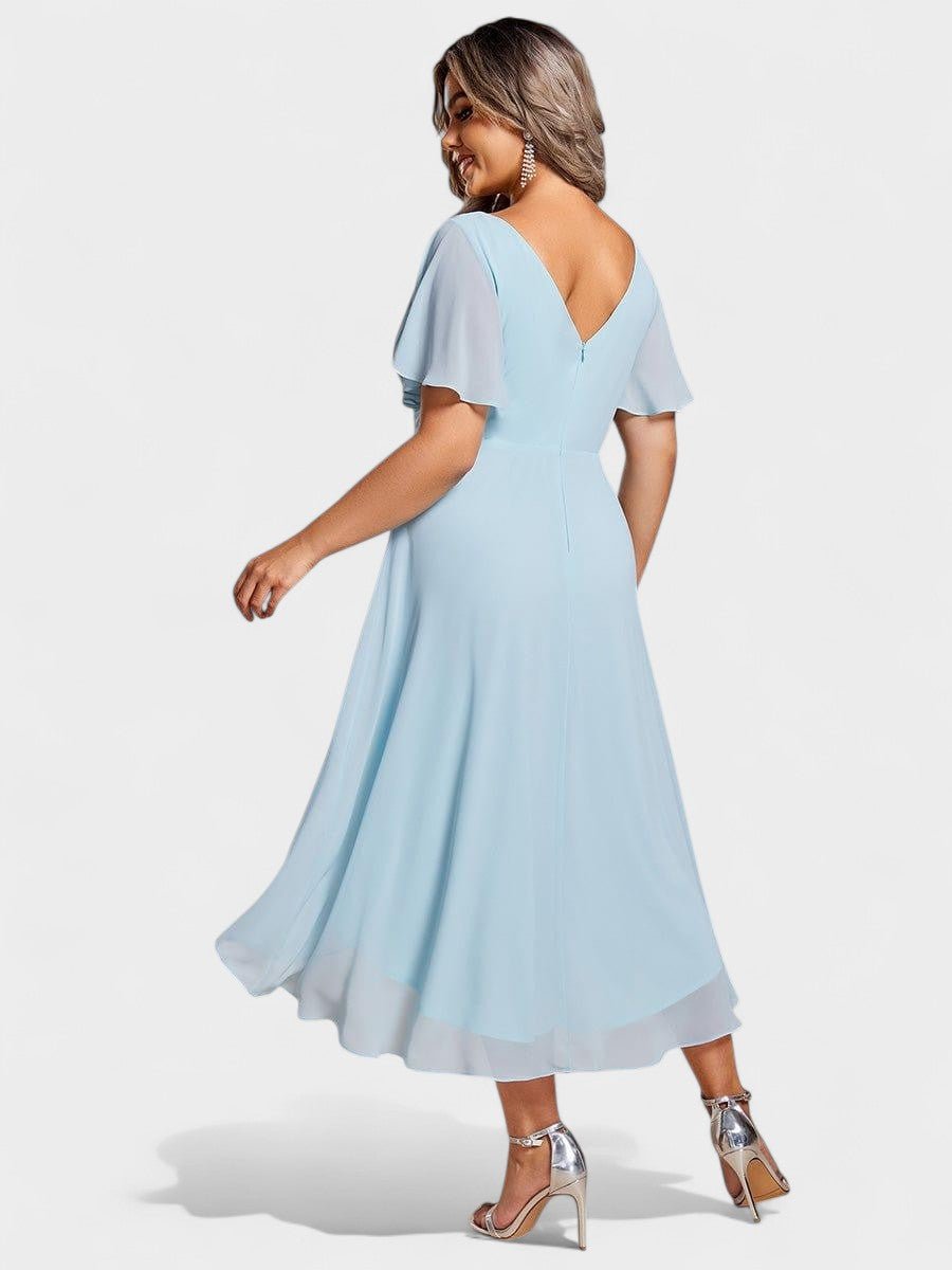 V-Neck High-Low Chiffon Midi Dress