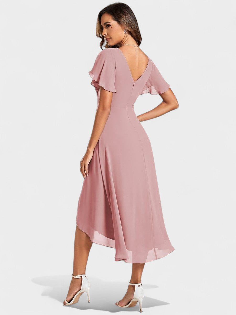 V-Neck High-Low Chiffon Midi Dress