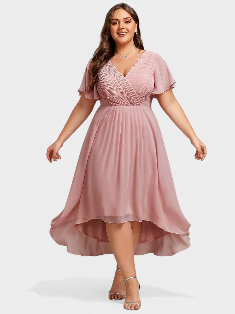 V-Neck High-Low Chiffon Midi Dress