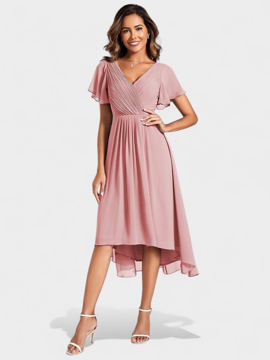 V-Neck High-Low Chiffon Midi Dress