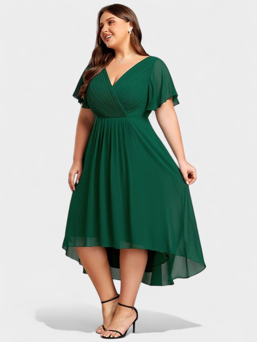 V-Neck High-Low Chiffon Midi Dress