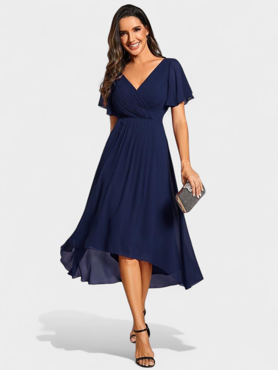 V-Neck High-Low Chiffon Midi Dress