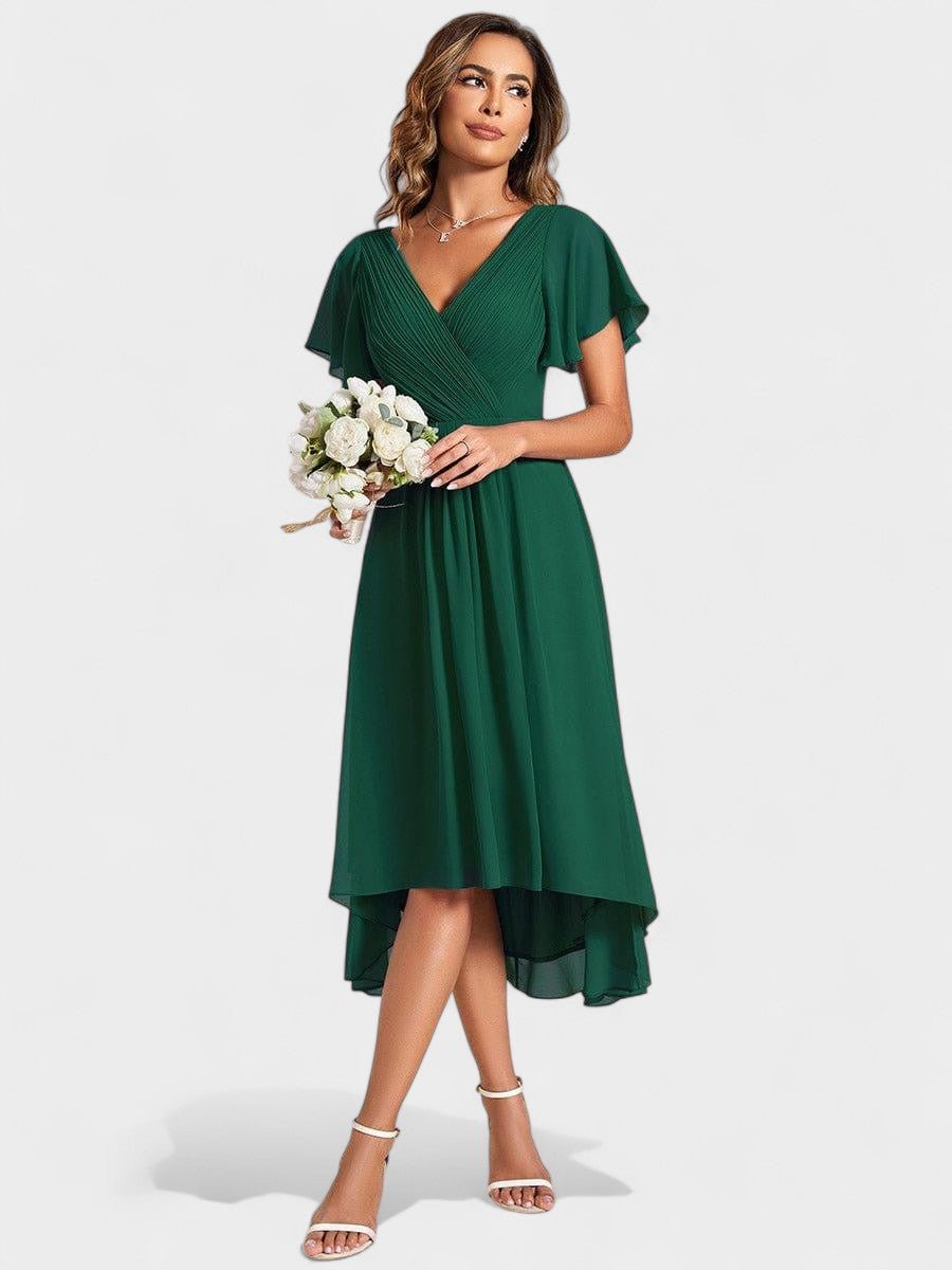 V-Neck High-Low Chiffon Midi Dress