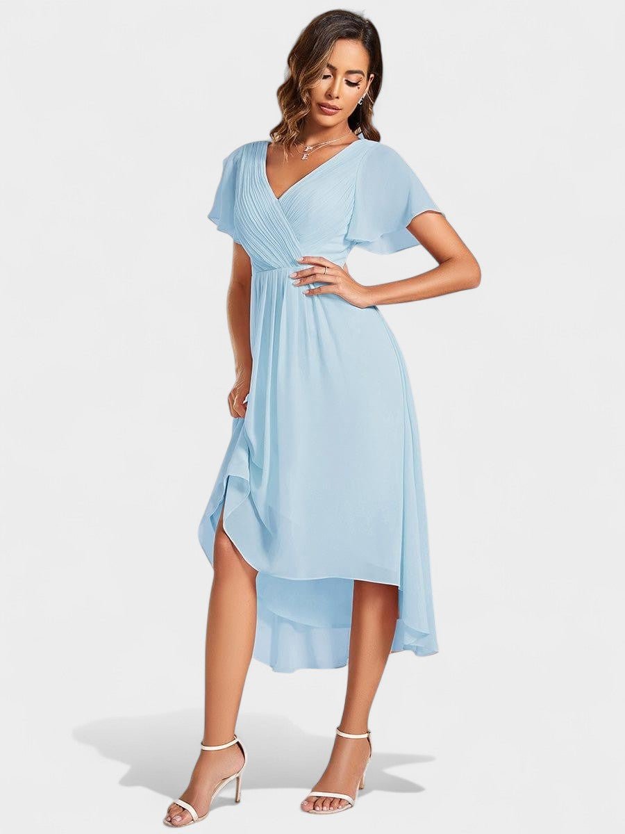 V-Neck High-Low Chiffon Midi Dress