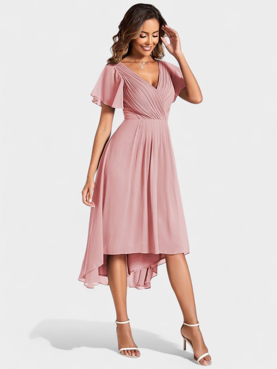 V-Neck High-Low Chiffon Midi Dress