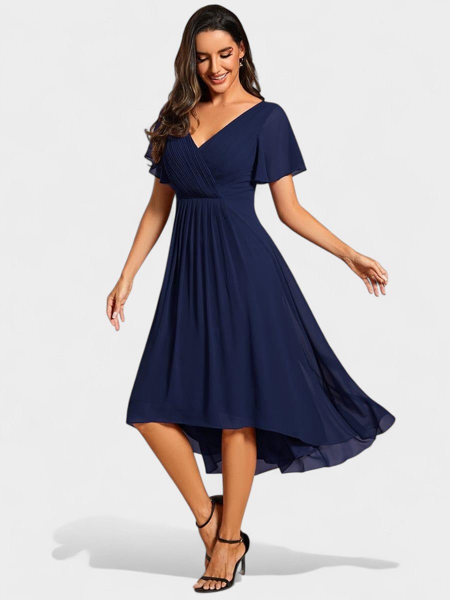 V-Neck High-Low Chiffon Midi Dress