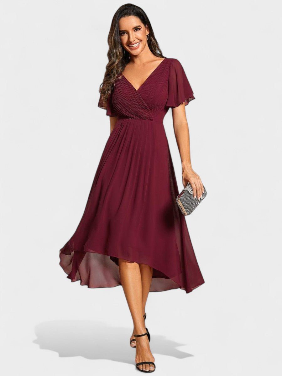 V-Neck High-Low Chiffon Midi Dress