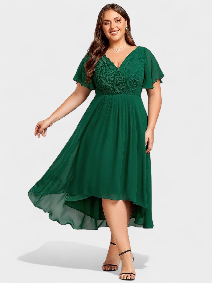 V-Neck High-Low Chiffon Midi Dress