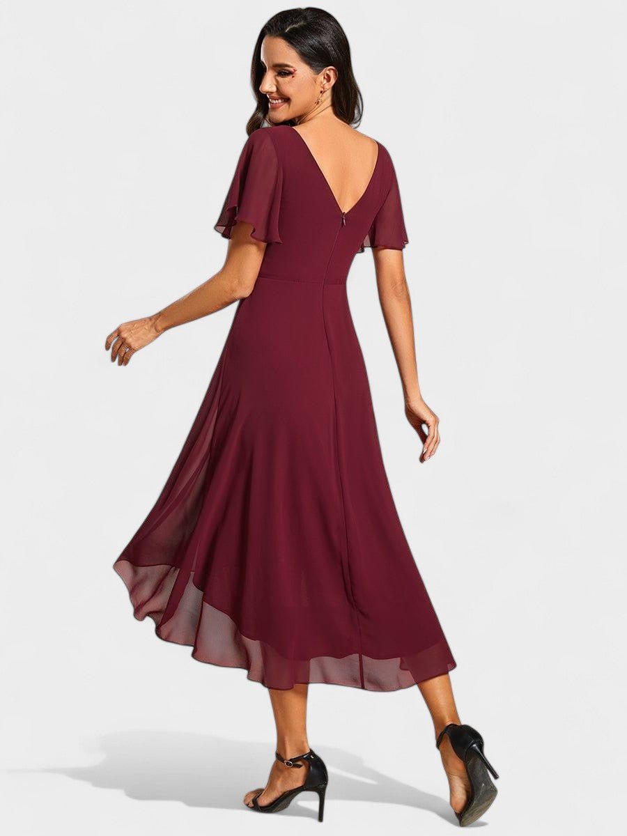 V-Neck High-Low Chiffon Midi Dress