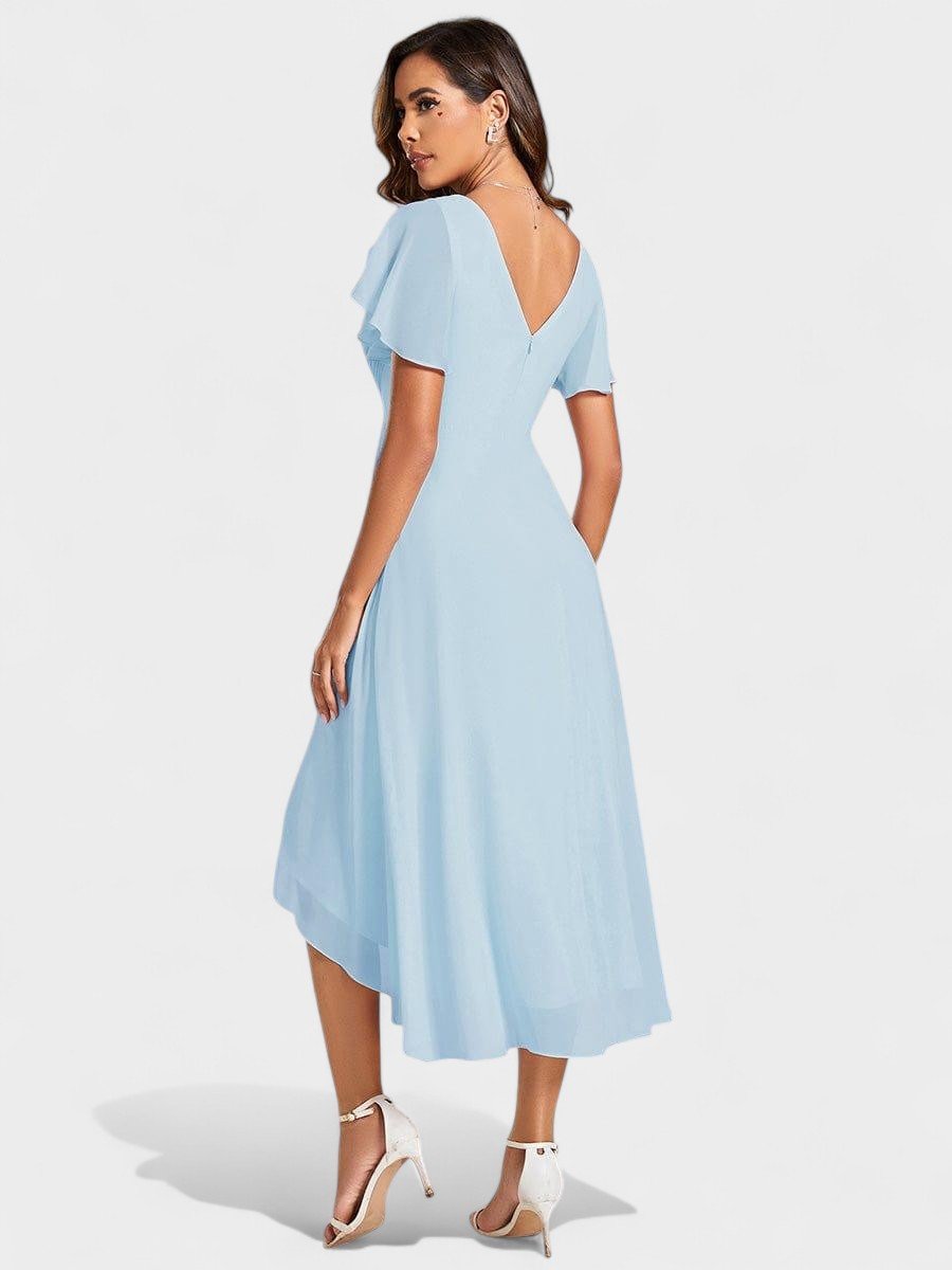 V-Neck High-Low Chiffon Midi Dress