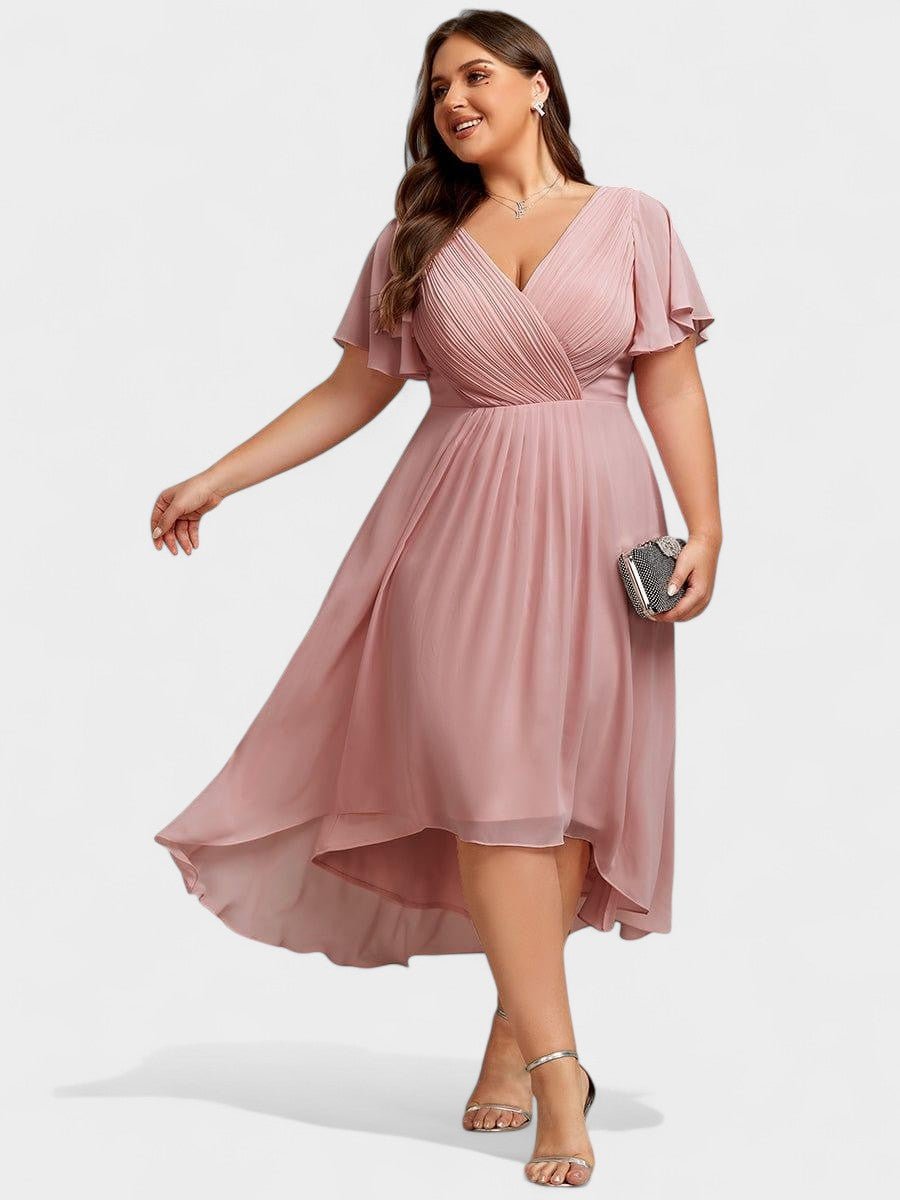V-Neck High-Low Chiffon Midi Dress