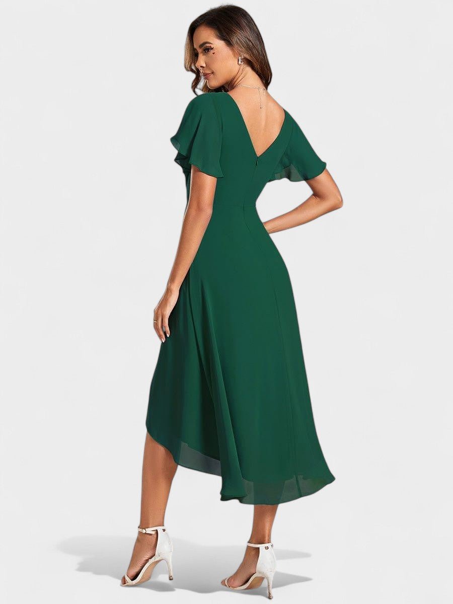 V-Neck High-Low Chiffon Midi Dress