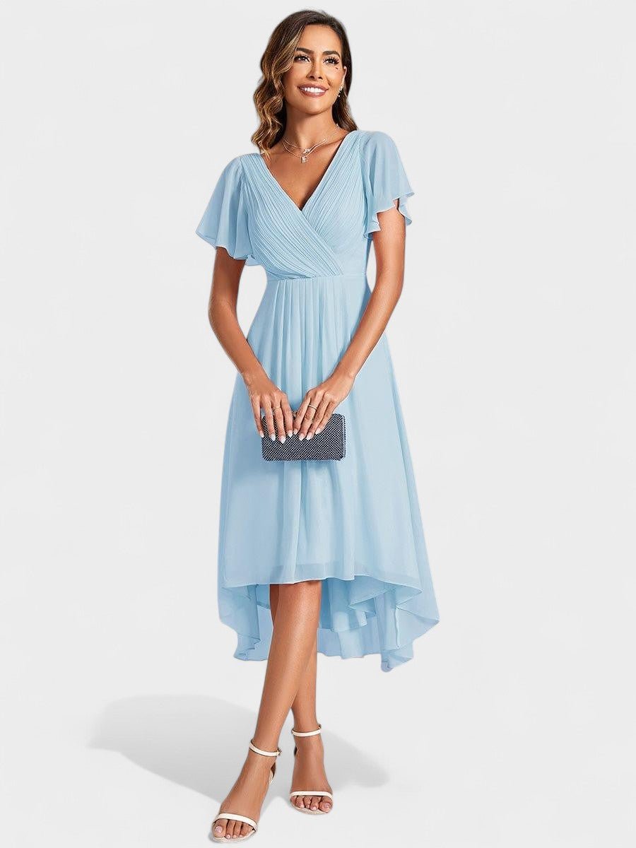 V-Neck High-Low Chiffon Midi Dress