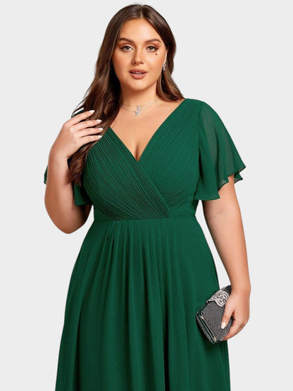V-Neck High-Low Chiffon Midi Dress
