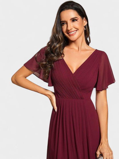 V-Neck High-Low Chiffon Midi Dress