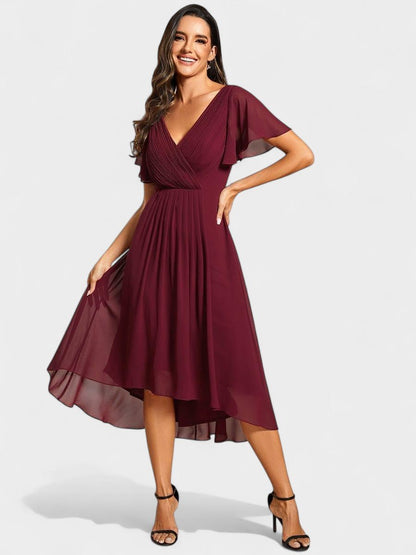V-Neck High-Low Chiffon Midi Dress