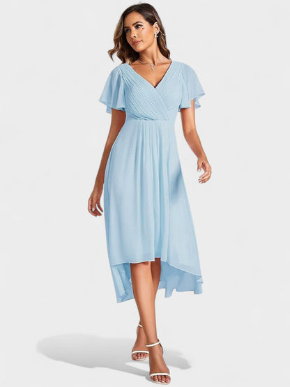 V-Neck High-Low Chiffon Midi Dress
