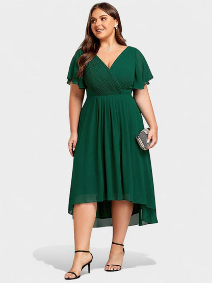 V-Neck High-Low Chiffon Midi Dress