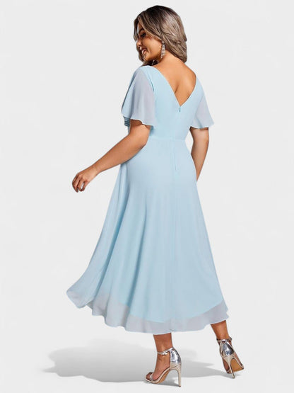 V-Neck High-Low Chiffon Midi Dress
