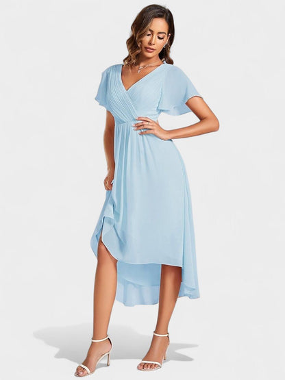 V-Neck High-Low Chiffon Midi Dress