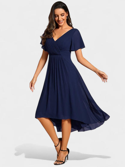 V-Neck High-Low Chiffon Midi Dress