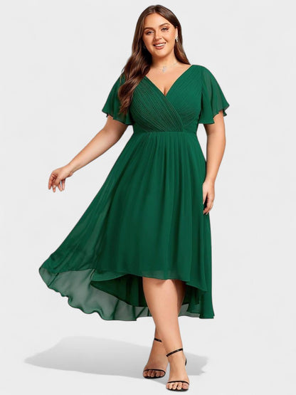 V-Neck High-Low Chiffon Midi Dress
