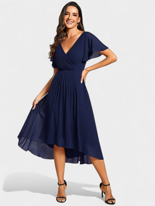 V-Neck High-Low Chiffon Midi Dress