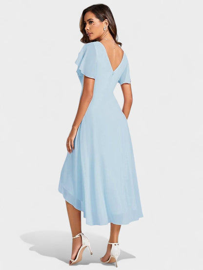 V-Neck High-Low Chiffon Midi Dress
