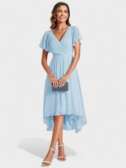 V-Neck High-Low Chiffon Midi Dress